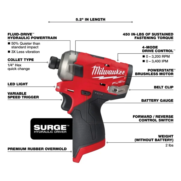 Milwaukee M12 FUEL™ SURGE™ 1/4" Hex Hydraulic Driver - Image 2