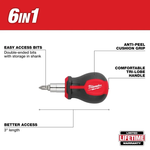 Milwaukee 6-IN-1 Stubby Multi-Bit Screwdriver - Image 2