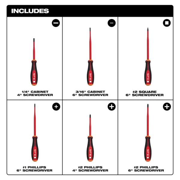 Milwaukee 6pc 1000V Insulated Slim Tip Screwdriver Set - Image 3