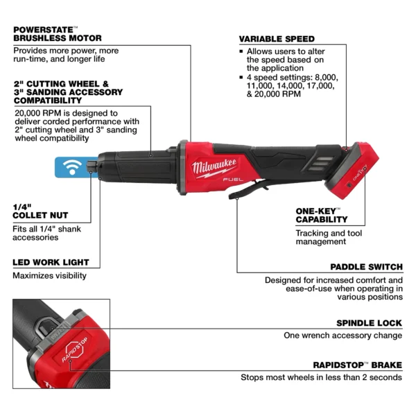 Milwaukee M18 FUEL™ Variable Speed Braking Die Grinder, Paddle Switch w/ ONE-KEY™ - Image 2